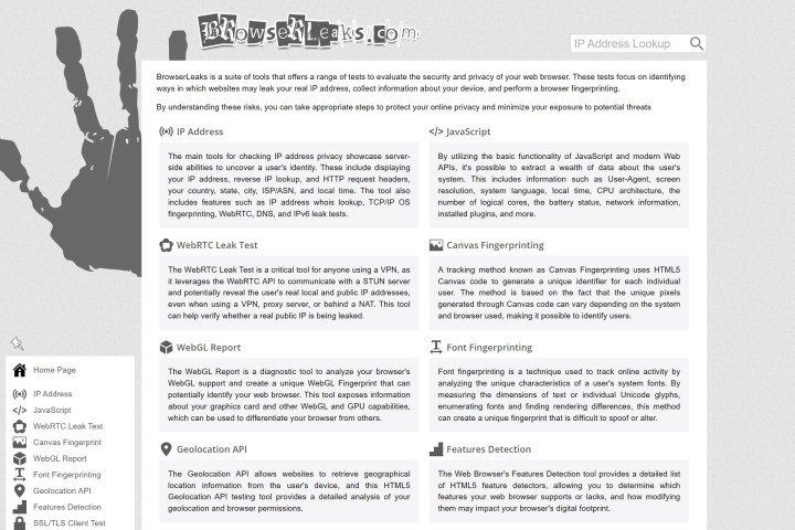 Screenshot of the BrowserLeaks website, a free, open source software that