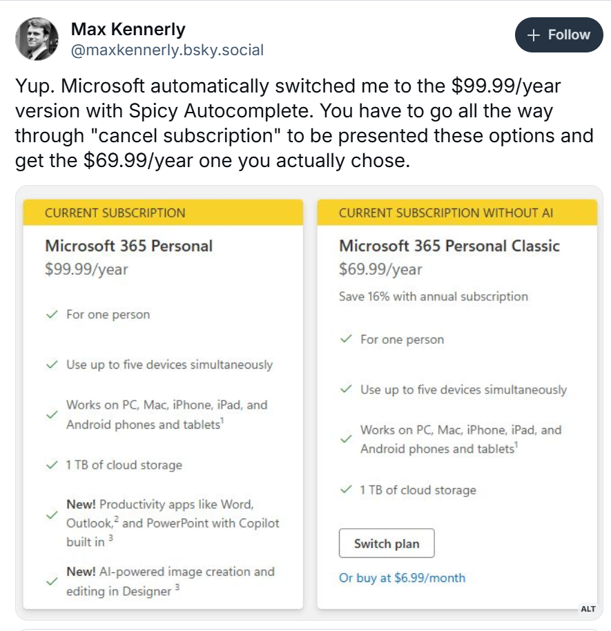 alt text: Screenshot showing how a user cancelled their Microsoft 365 subscription to access the classic plan option.