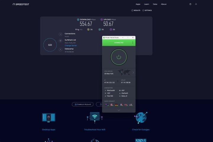 alt: Speed test results using a nearby PIA server in the United States.