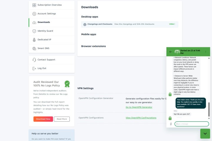 alt: PIA's live chat support provides quick and helpful assistance.