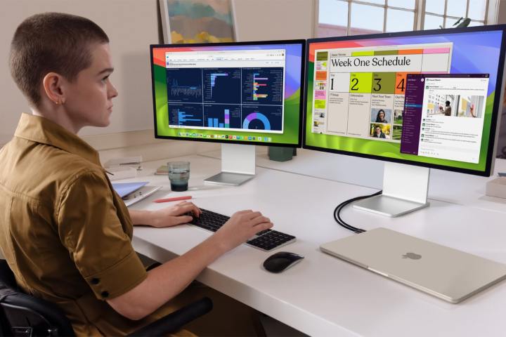 alt text: A user working on a MacBook Air connected to two external monitors.