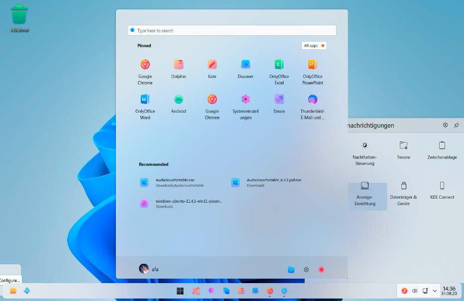 Wubuntu's start menu closely resembles Windows 11, though the system tray icons differ. Overall, no other Linux distribution comes as close to mimicking the Windows 11 aesthetic.