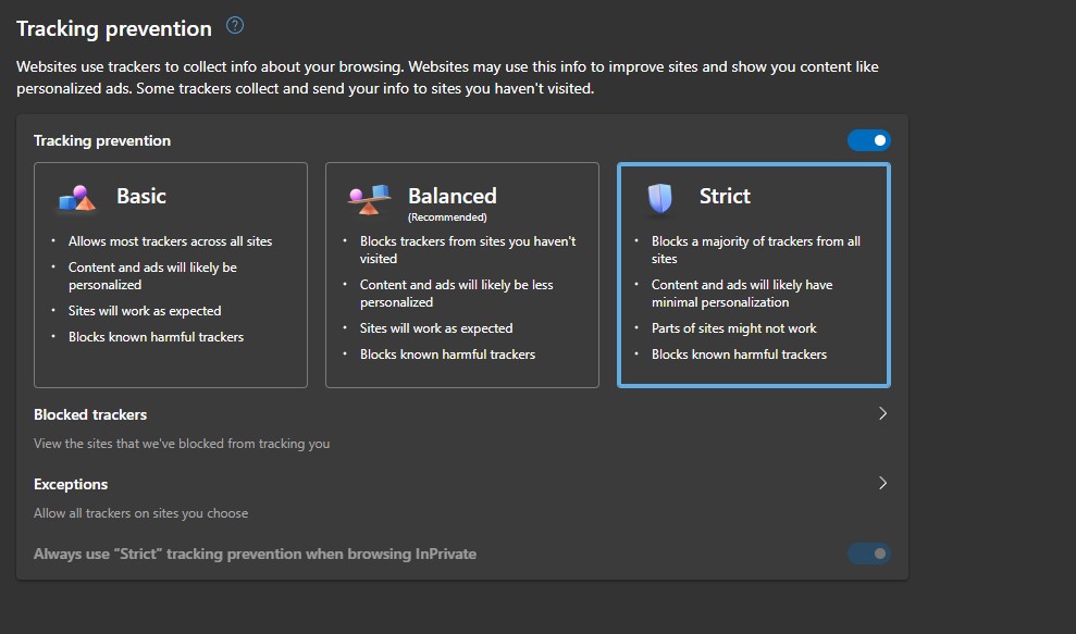 Alt: Screenshot of Microsoft Edge's Tracking Prevention settings in Windows 11