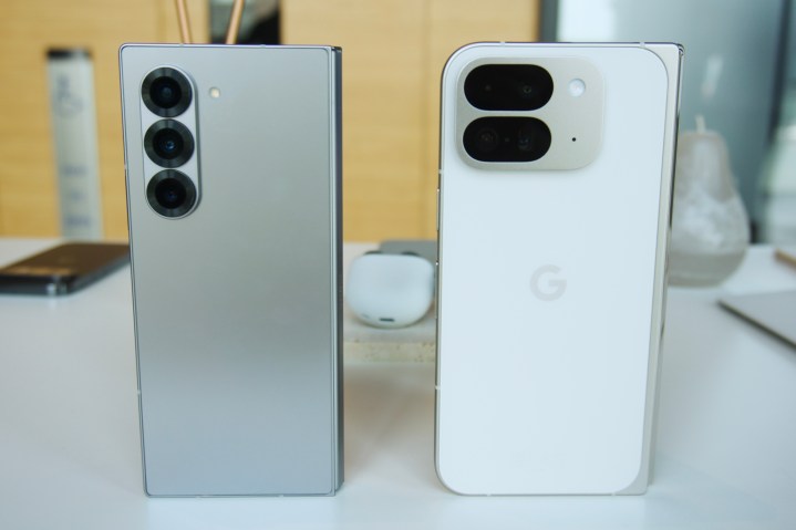 The Google Pixel 9 Pro Fold next to the Samsung Galaxy Z Fold 6.