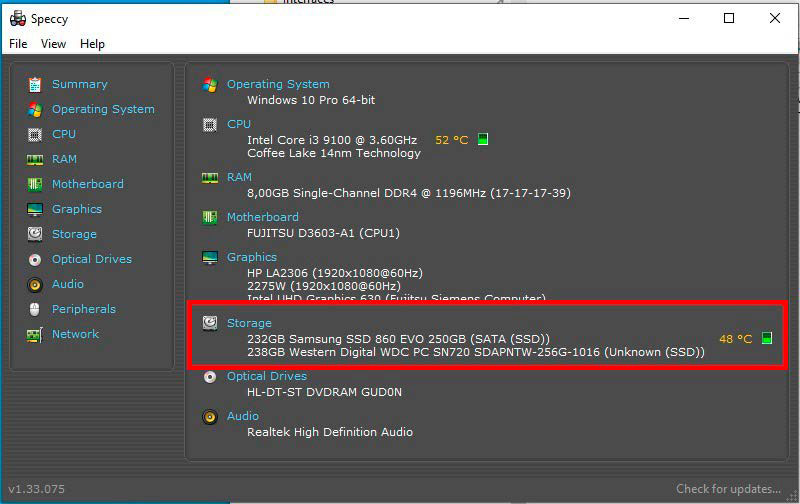 alt text: Before optimizing your SSD, identify the installed drives using a tool like Speccy, which provides details on storage devices, interfaces, operating times, and functional status.