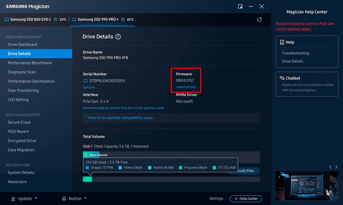 alt text: Use your SSD manufacturer's support tool, like Samsung Magician, to check for and install firmware updates, which can enhance performance and address other issues.