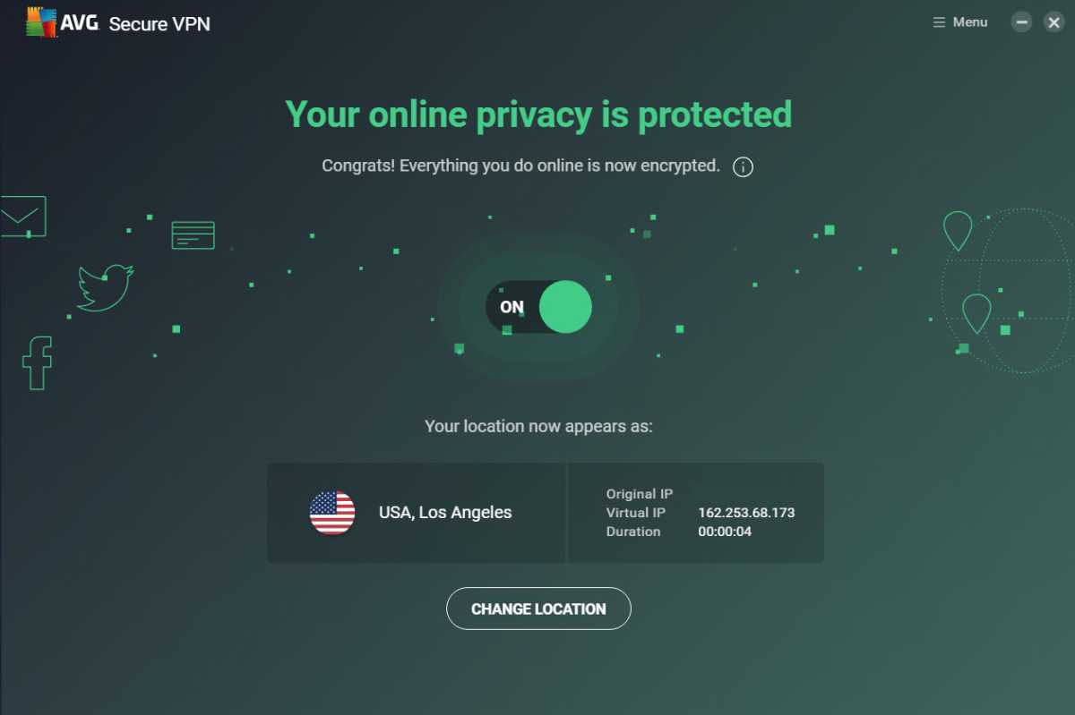 alt text: AVG Secure VPN's main interface showing the on/off slider and location information.