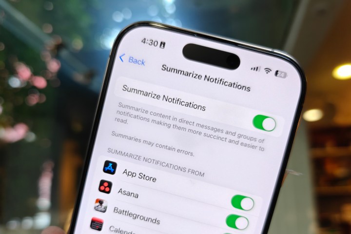 Notification Summaries toggle in the Settings app of iPhone.