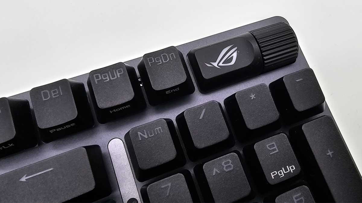 alt text: The Asus ROG Strix Scope II 96 Wireless keyboard with its media controls highlighted in the top right corner.