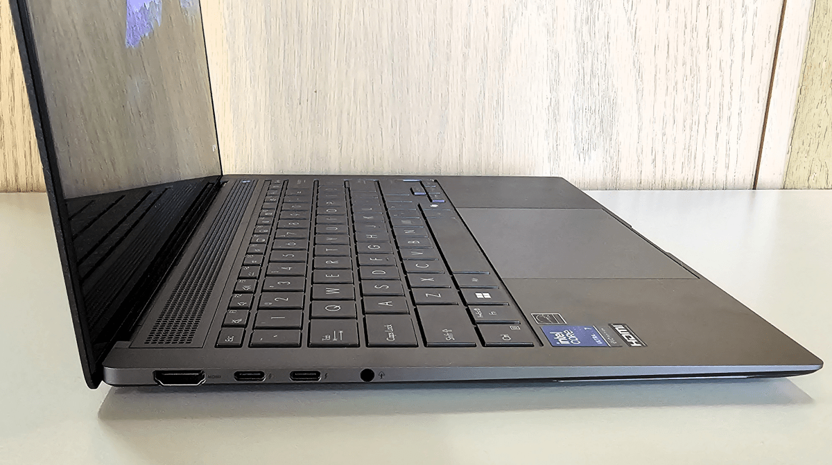 alt text: A close-up of the left side of the Asus Zenbook S 14, showing the available ports including Thunderbolt 4 and HDMI.