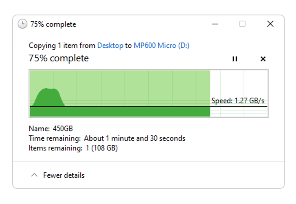 alt text: Graph depicting the write speed of the Corsair MP600 Micro SSD over time, showing its sustained performance after the initial caching period.