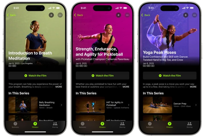 Screenshots of new workout programs in Apple Fitness+ as of January 2025.