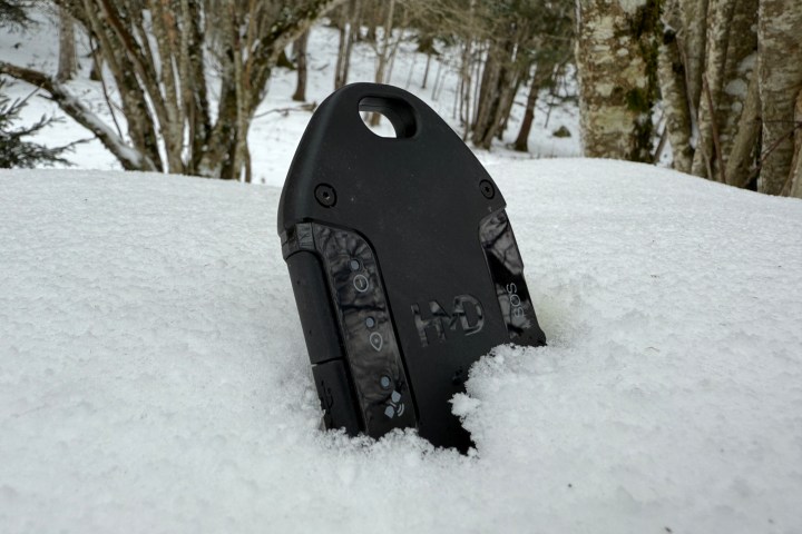 alt: The HMD OffGrid positioned upright in a snowy landscape.