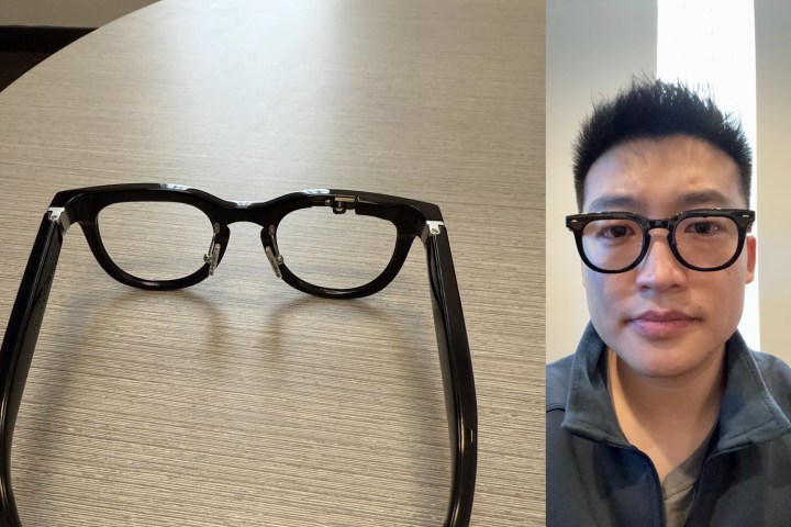 Alt text: A photo of the Halliday AI Glasses, and company co-founder Carter Hou wearing them.