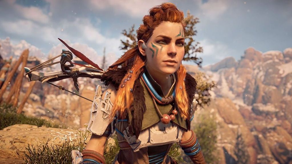 alt text: Promotional image for the Horizon Zero Dawn video game featuring Aloy aiming her bow and arrow at a robotic creature.