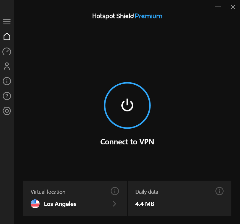 alt: Hotspot Shield's main interface with a large power button and data usage display.