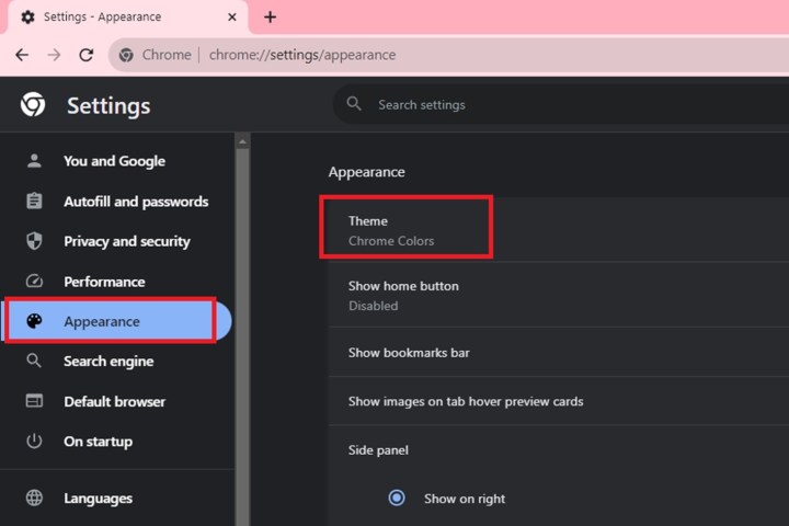 Theme settings in Google Chrome.