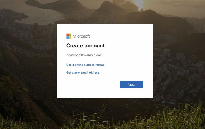 The account creation window for Microsoft Accounts.