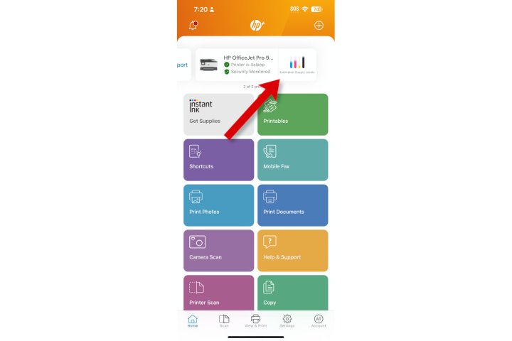 A screenshot of the HP Smart app displaying ink levels.
