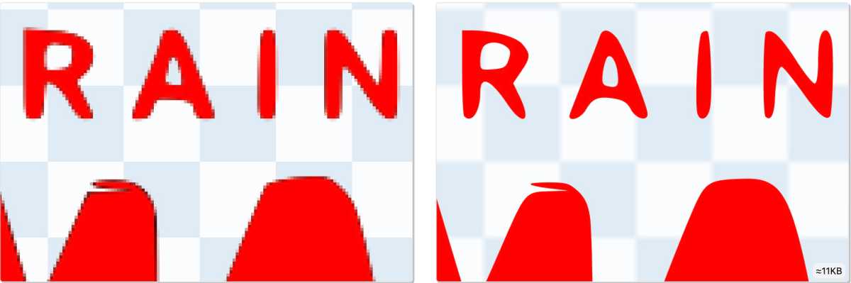 Comparison of image (left, pixels) and vector graphic (right, no pixels).