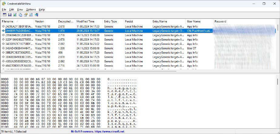 alt text: A screenshot of the Credentialsfileview tool displaying stored login credentials, including passwords for network devices like routers and NAS systems.