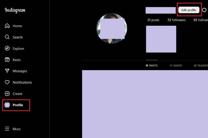 Selecting Profile then Edit profile on the Instagram website.
