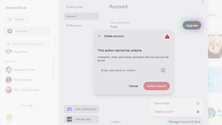 Character.AI delete account final.