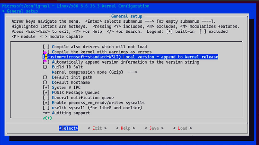 Configuring the WSL kernel: The kernel configuration can be edited via “menuconfig”. The entry for “Local version” helps to differentiate between kernel versions.