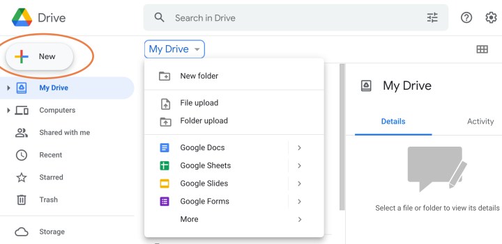 The New option in Google Drive.