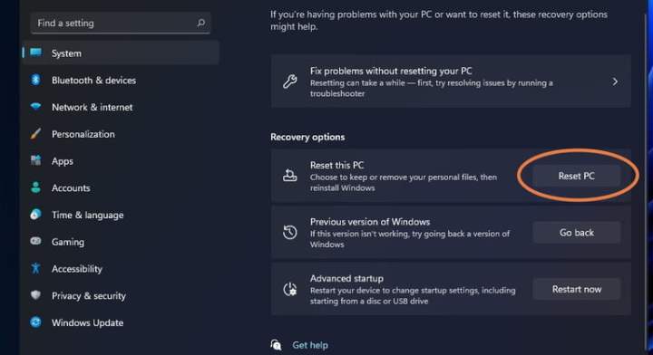 Windows 11 Reset Settings