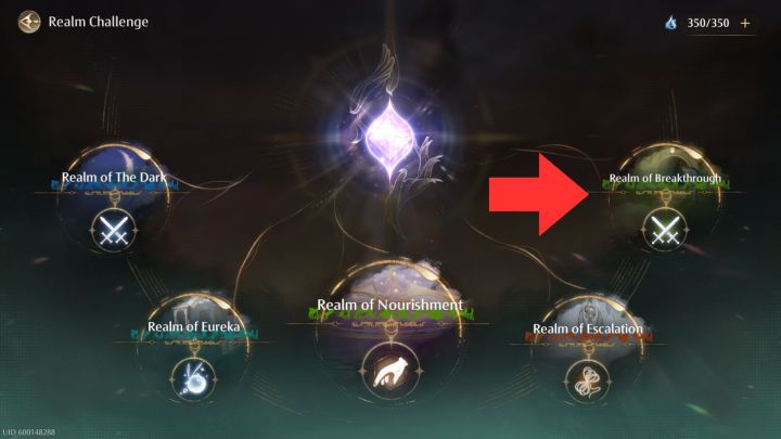 Red arrow pointing to Realm of Breakthrough in Infinity Nikki.