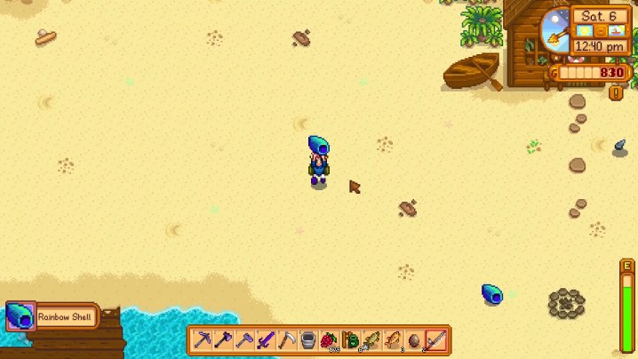 A player picking up a rainbow shell in Stardew Valley.