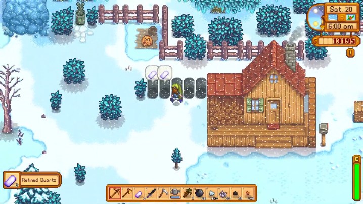 A farmer collecting refined quartz in Stardew Valley.