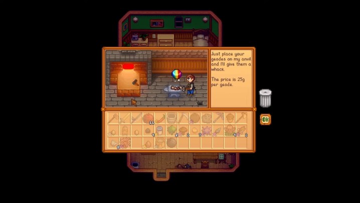 A blacksmith finding a rainbow shard in Stardew Valley.