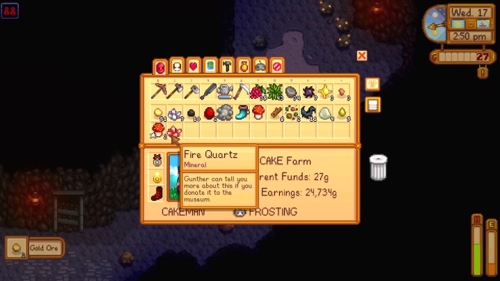 An inventory with fire quartz in Stardew Valley.