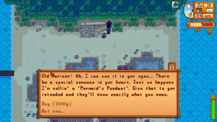 The old mariner selling a mermaid pendant in Stardew Valley.