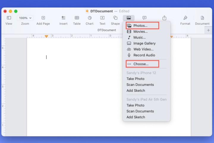 alt: Pages Media menu with Photos and Choose options highlighted.