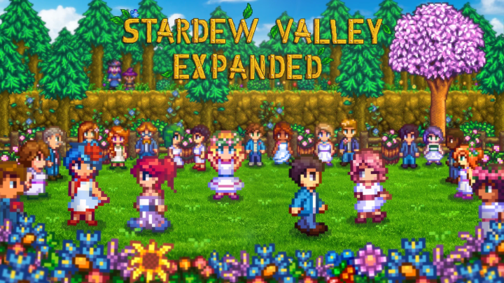 A bunch of villagers in a flowery field in Stardew Valley.