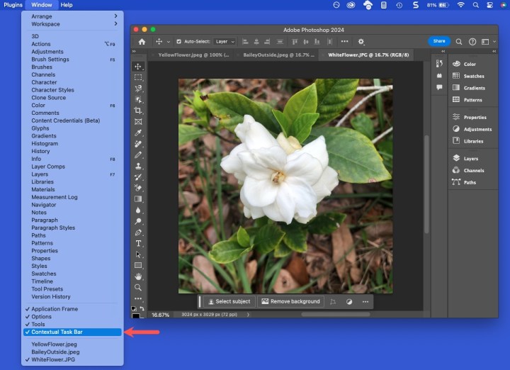 Contextual Task Bar selected in the Photoshop Window menu.