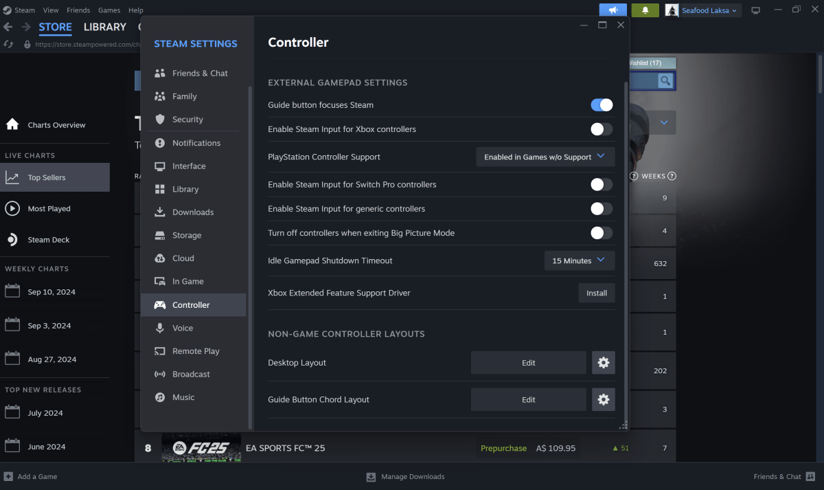 alt text: A screenshot of the Steam settings menu, specifically the Controller settings section. This section highlights various options for enabling Steam Input for different controller types, including Xbox controllers and generic gamepads.