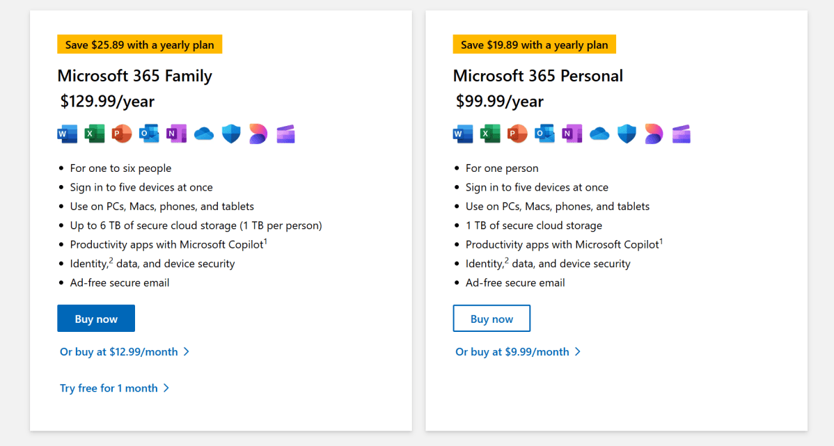 alt text: Screenshot of Microsoft 365 subscription options showing the new higher prices with Copilot included.