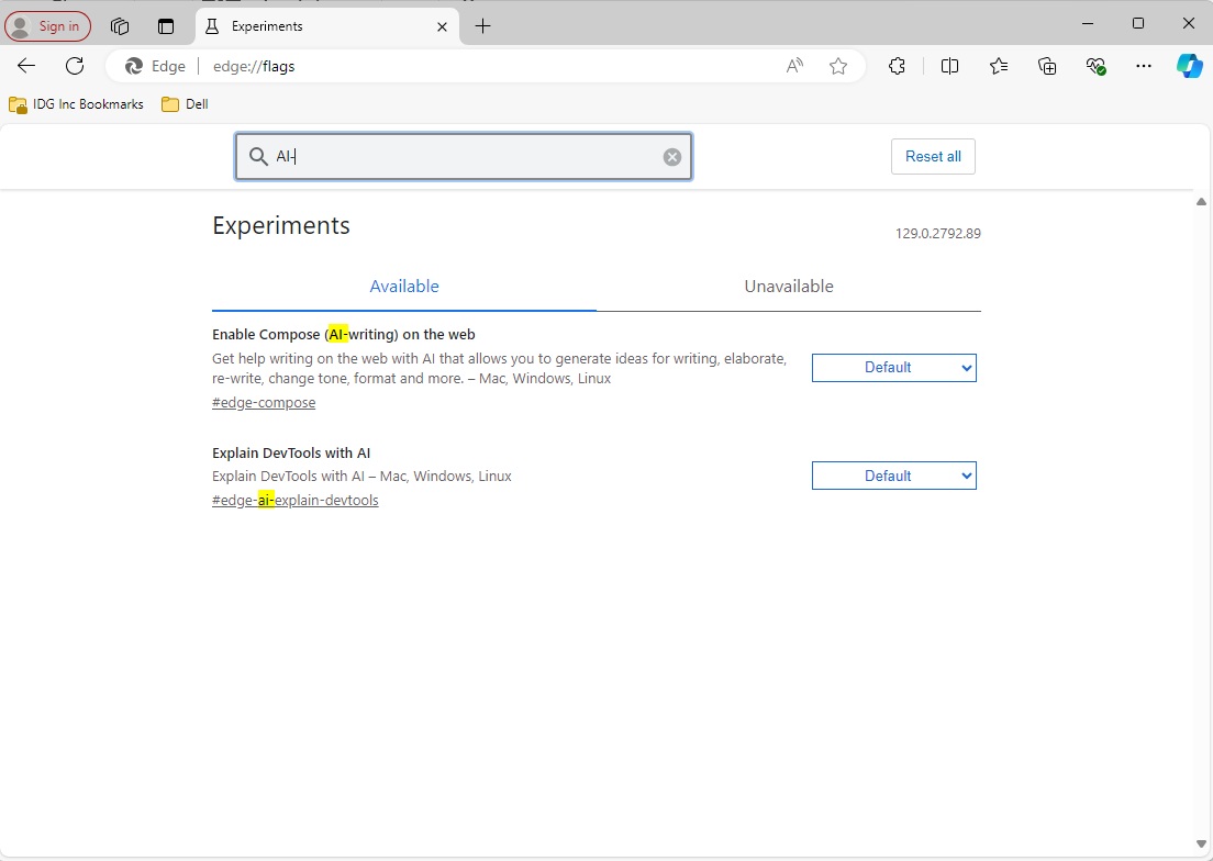 Disabling AI features in Microsoft Edge's flags menu