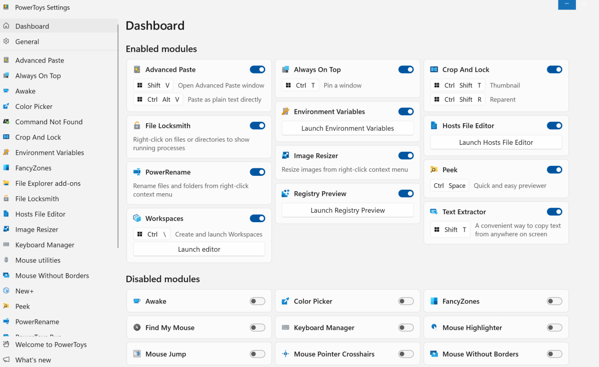 PowerToys main menu