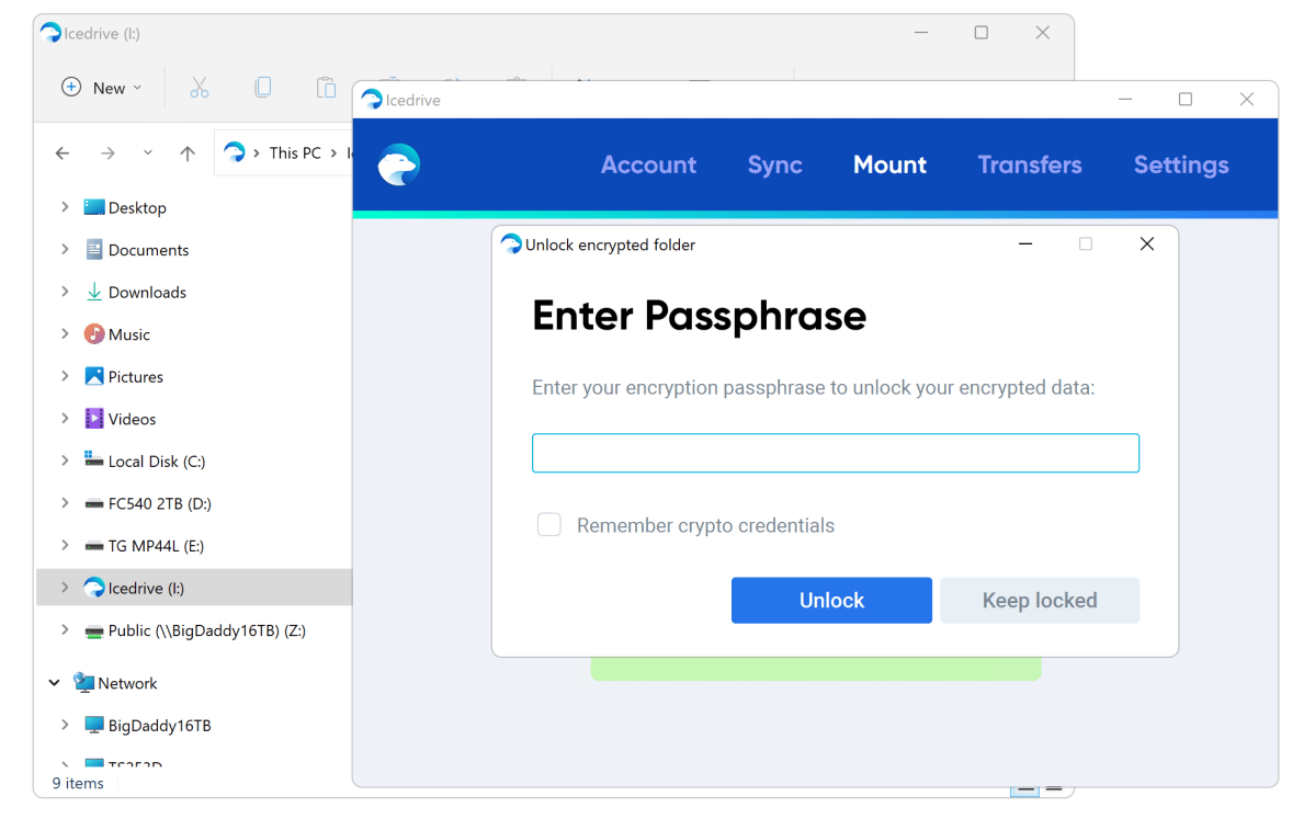 alt text: Screenshot of Icedrive’s encrypted folder interface, emphasizing its enhanced security features.