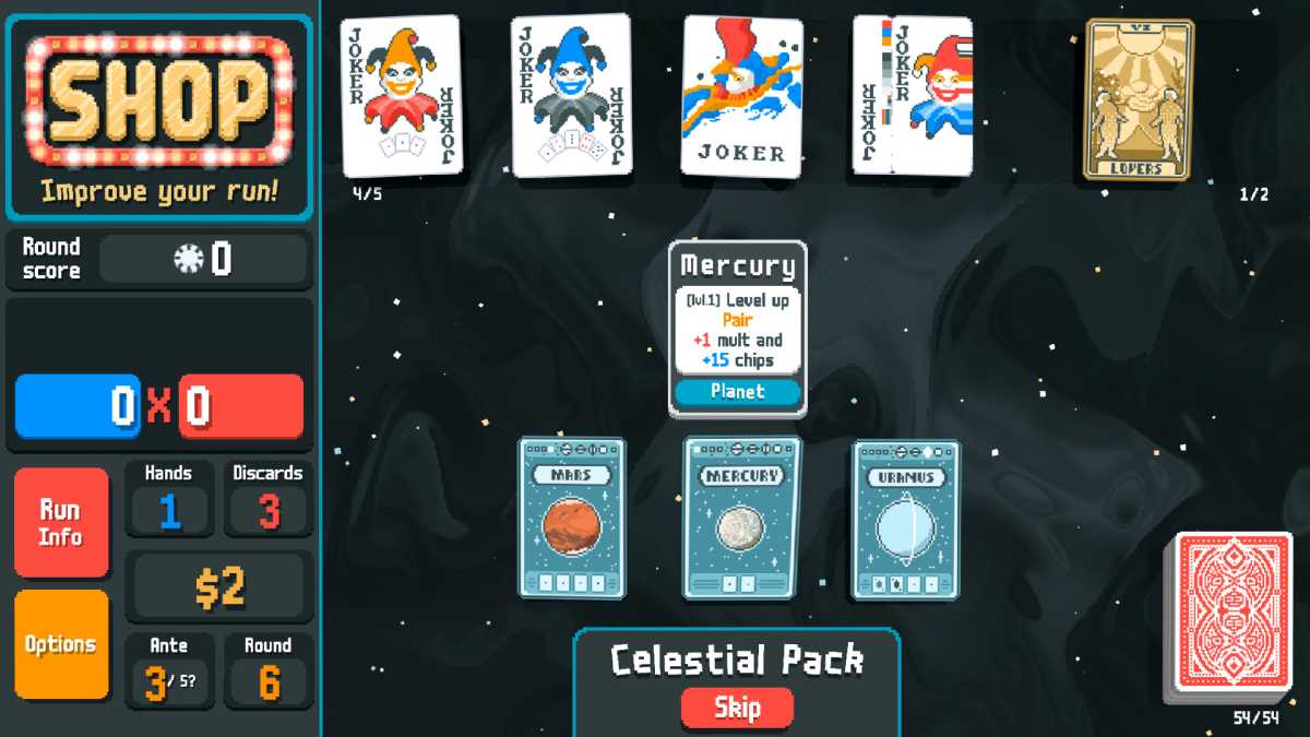 alt text: Balatro Steam screenshot 2, showcasing jokers and special cards that modify hands and point values of card combinations.