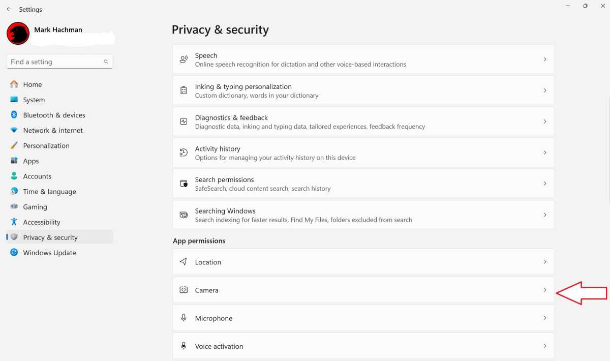 Windows settings webcam camera privacy