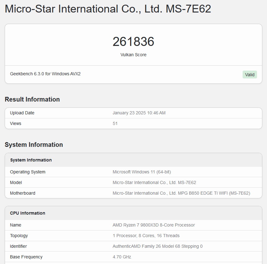 Nvidia RTX 5080 Geekbench Vulkan benchmark score (unverified)