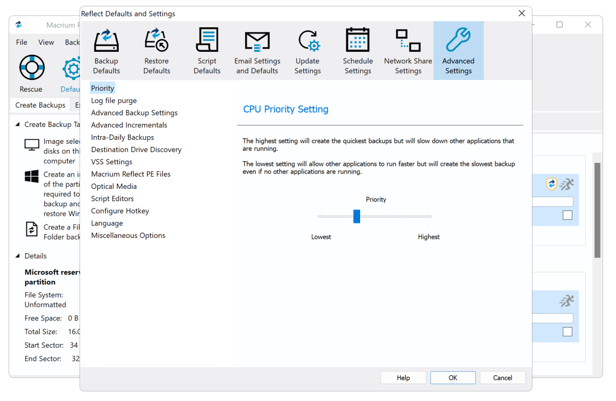 Macrium Reflect interface showcasing numerous options