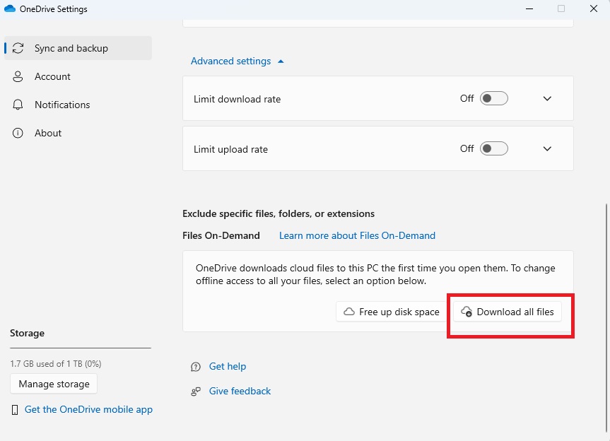 OneDrive download option