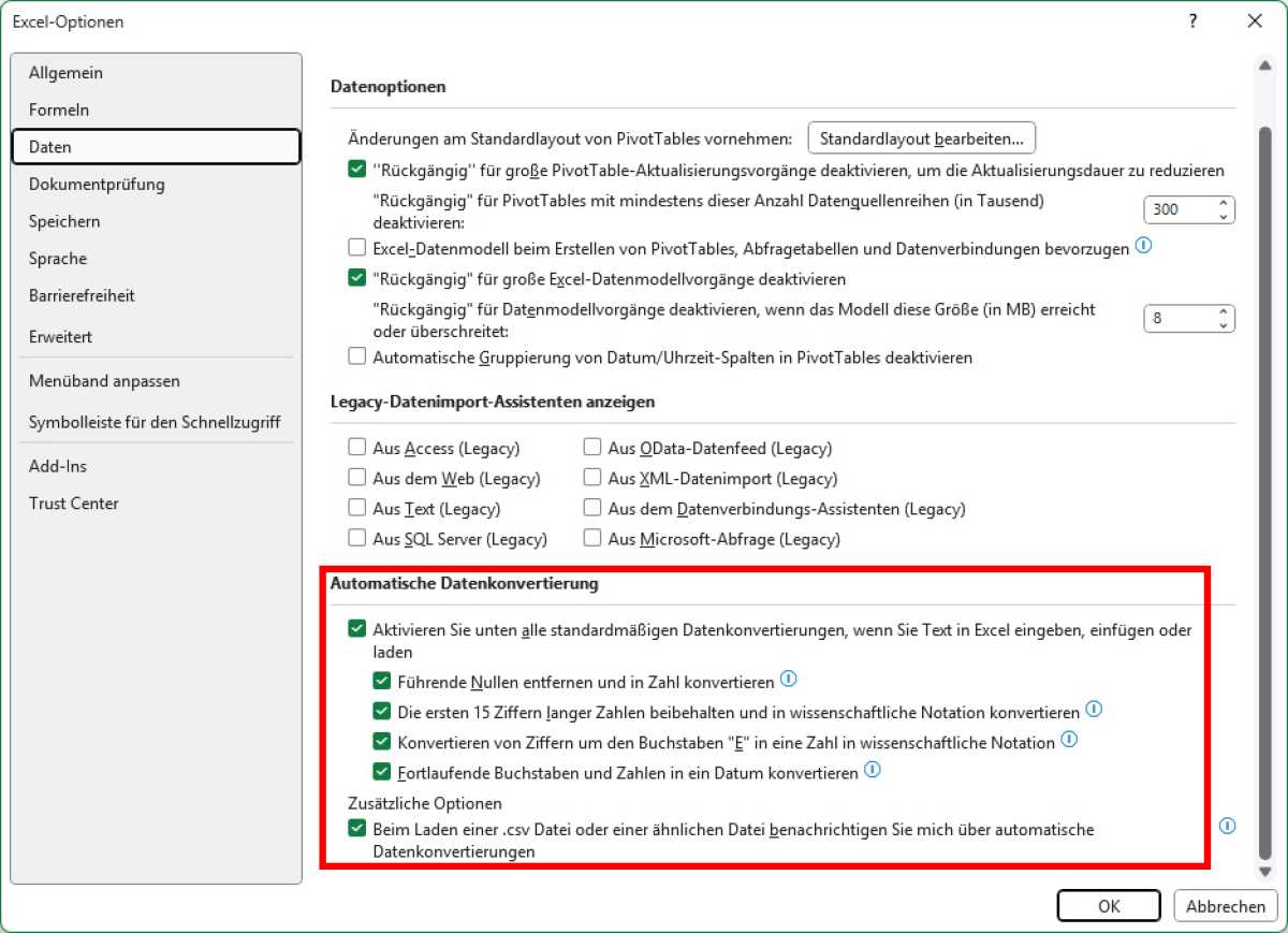 Excel automatische Datenkonvertierung